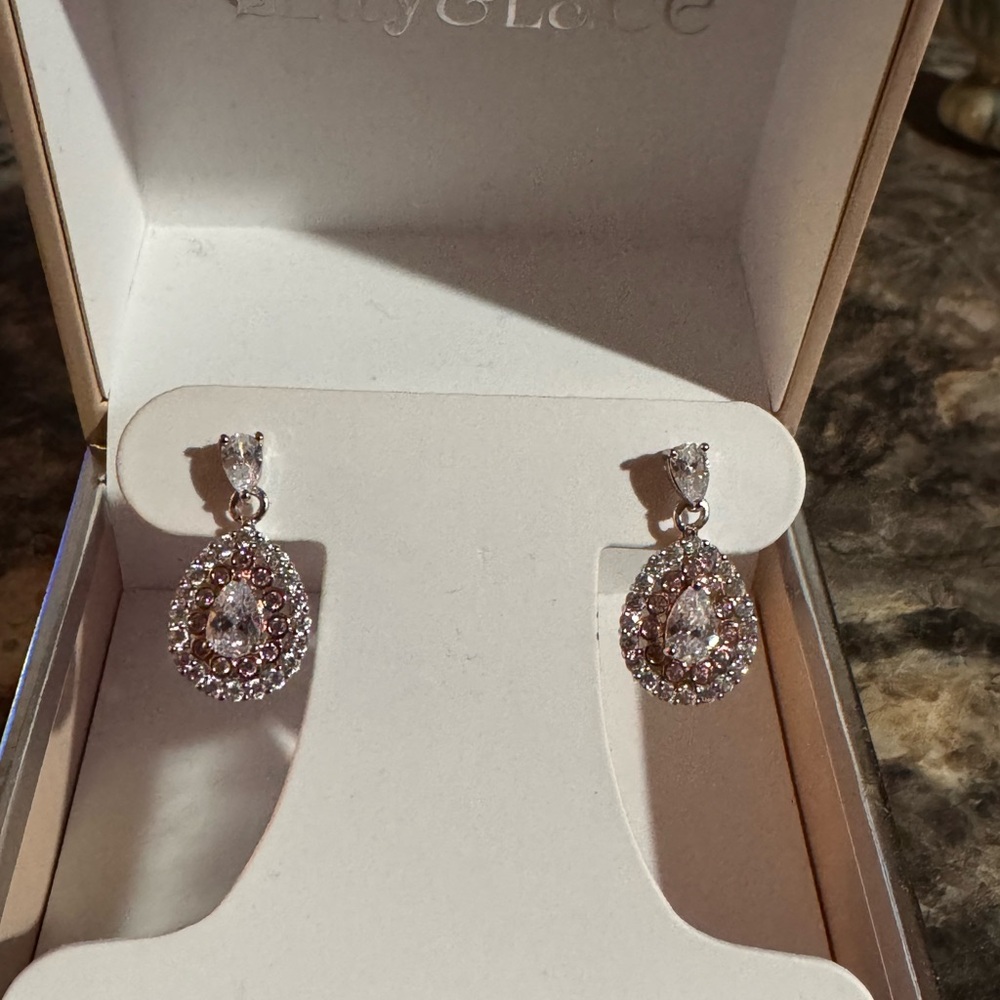 Elegant Lily & Lace Silver Plate White and Pink Cubic Zirconia Teardrop Earrings